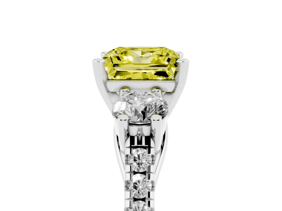 Fancy Yellow Three-Stone Princess Cut Diamond Pavé Band with Four-Prong Setting Silver