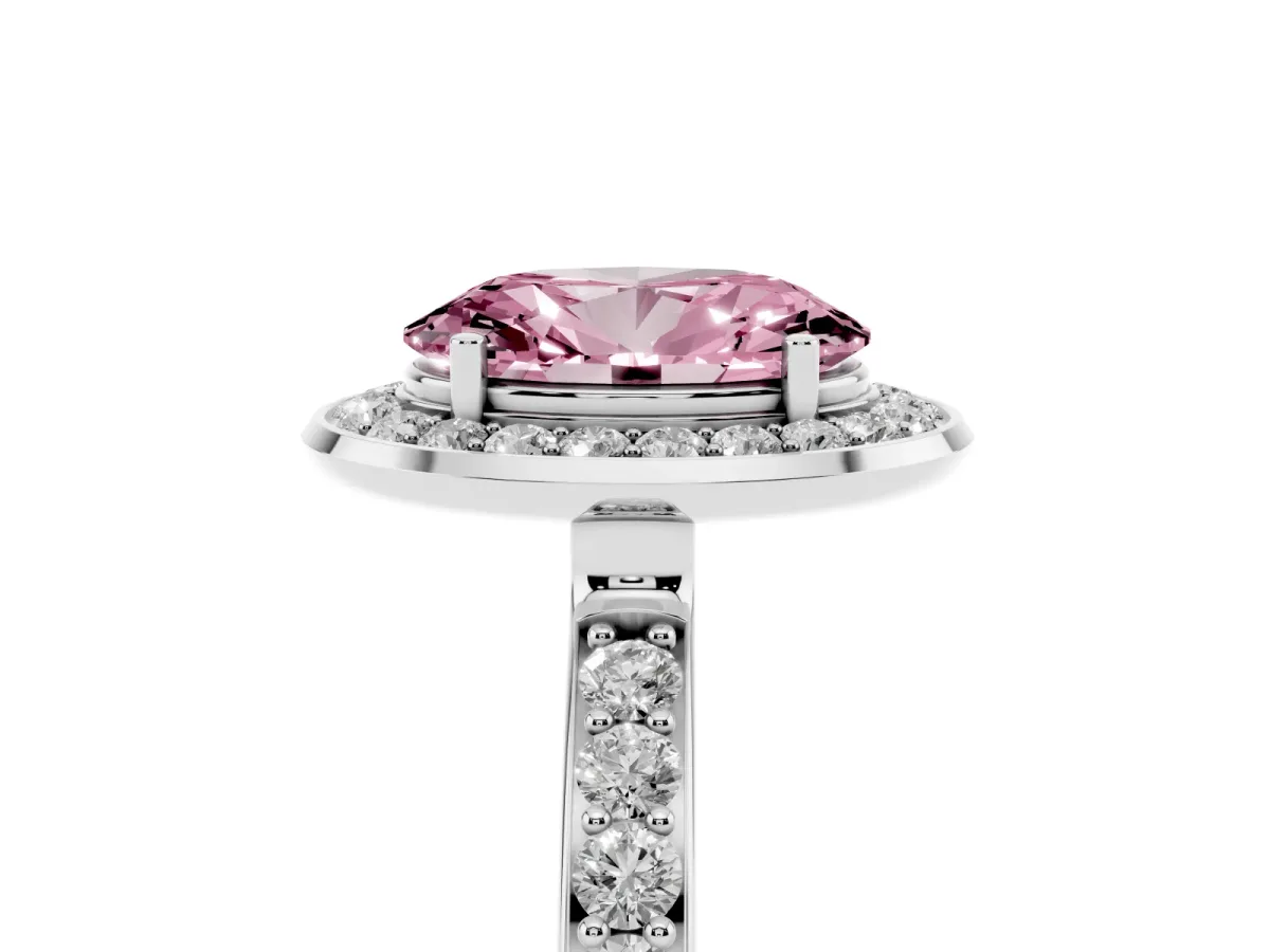 Fancy Pink Oval Cut Diamond Halo Ring with Bezel Frame and Pavé Band Silver