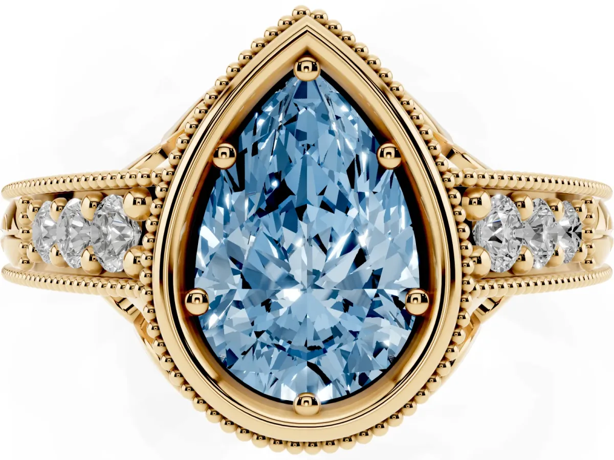 Fancy Blue Bezel Set Pear Cut Diamond Milgrain Pave Engagement Ring Yellow gold