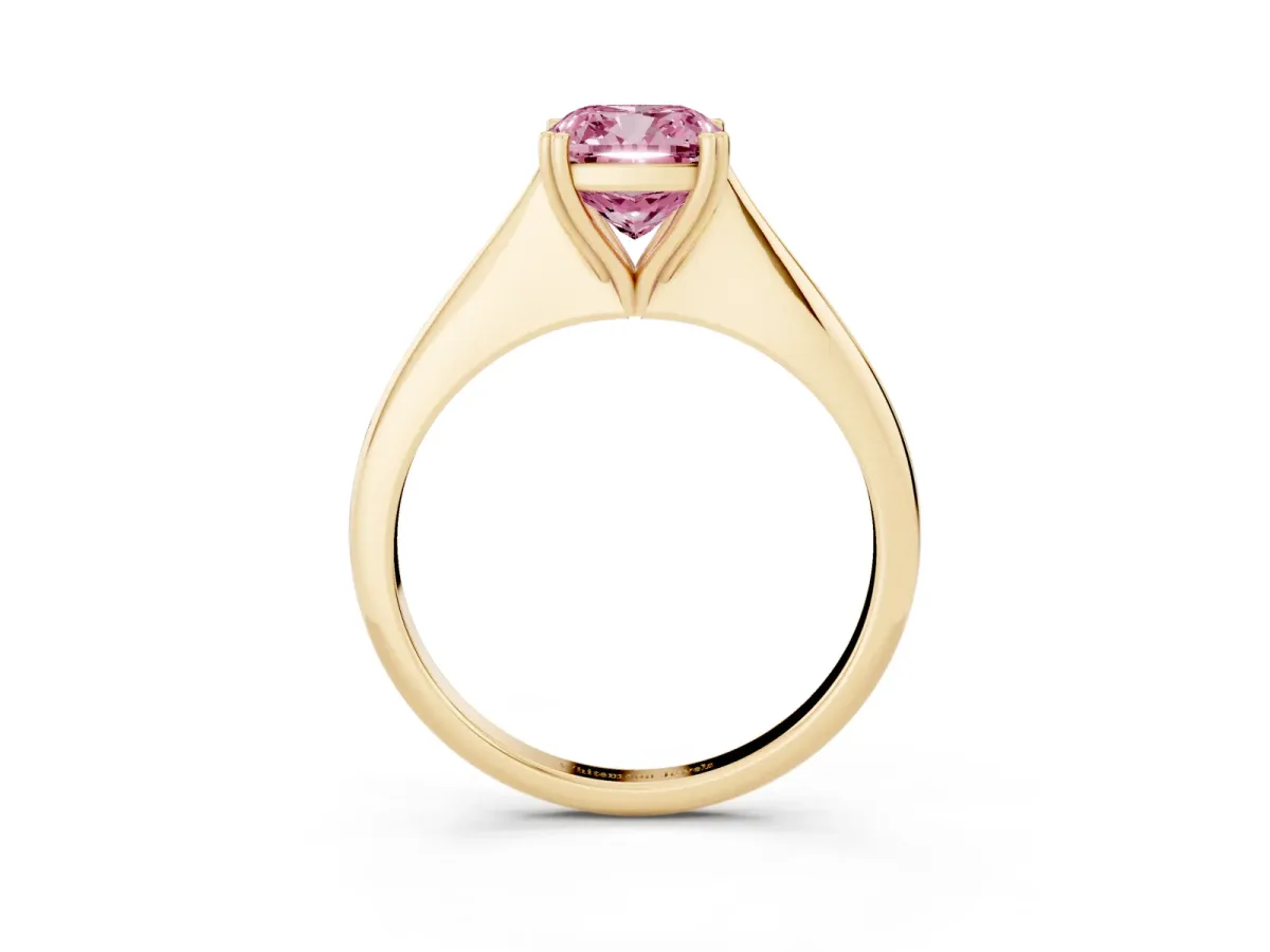 Fancy Pink Cushion Cut Solitaire Diamond Ring with Six-Prong Setting and Classic Band Yellow gold