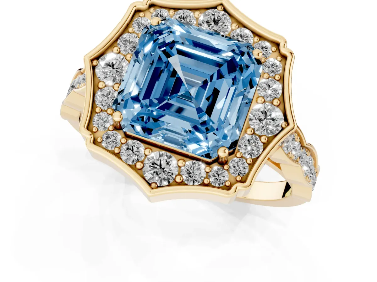 Fancy Blue Asscher Cut Halo Diamond Engagement Ring with Milgrain Band and Four-Prong Setting Yellow gold