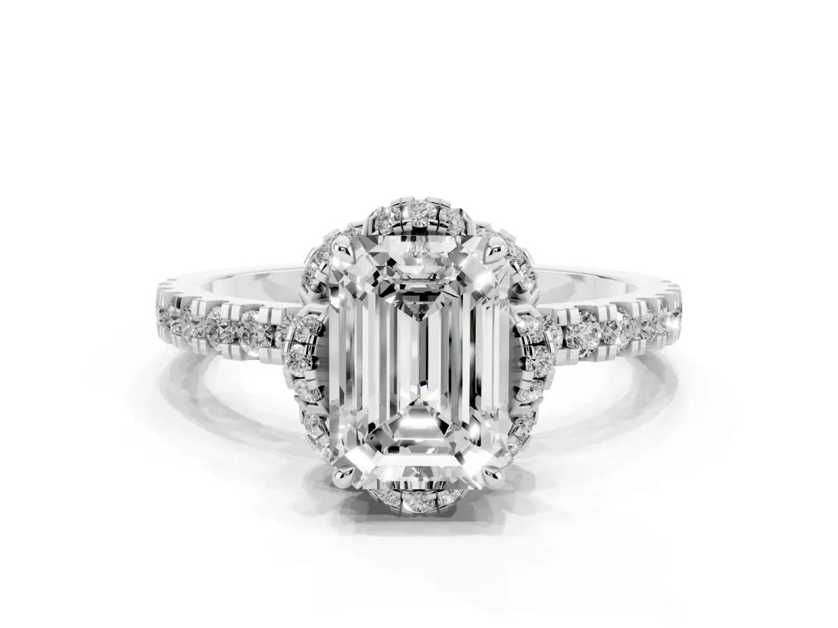 Emerald Cut Halo Diamond Pave Band Ring with Four-Prong Setting Platinum