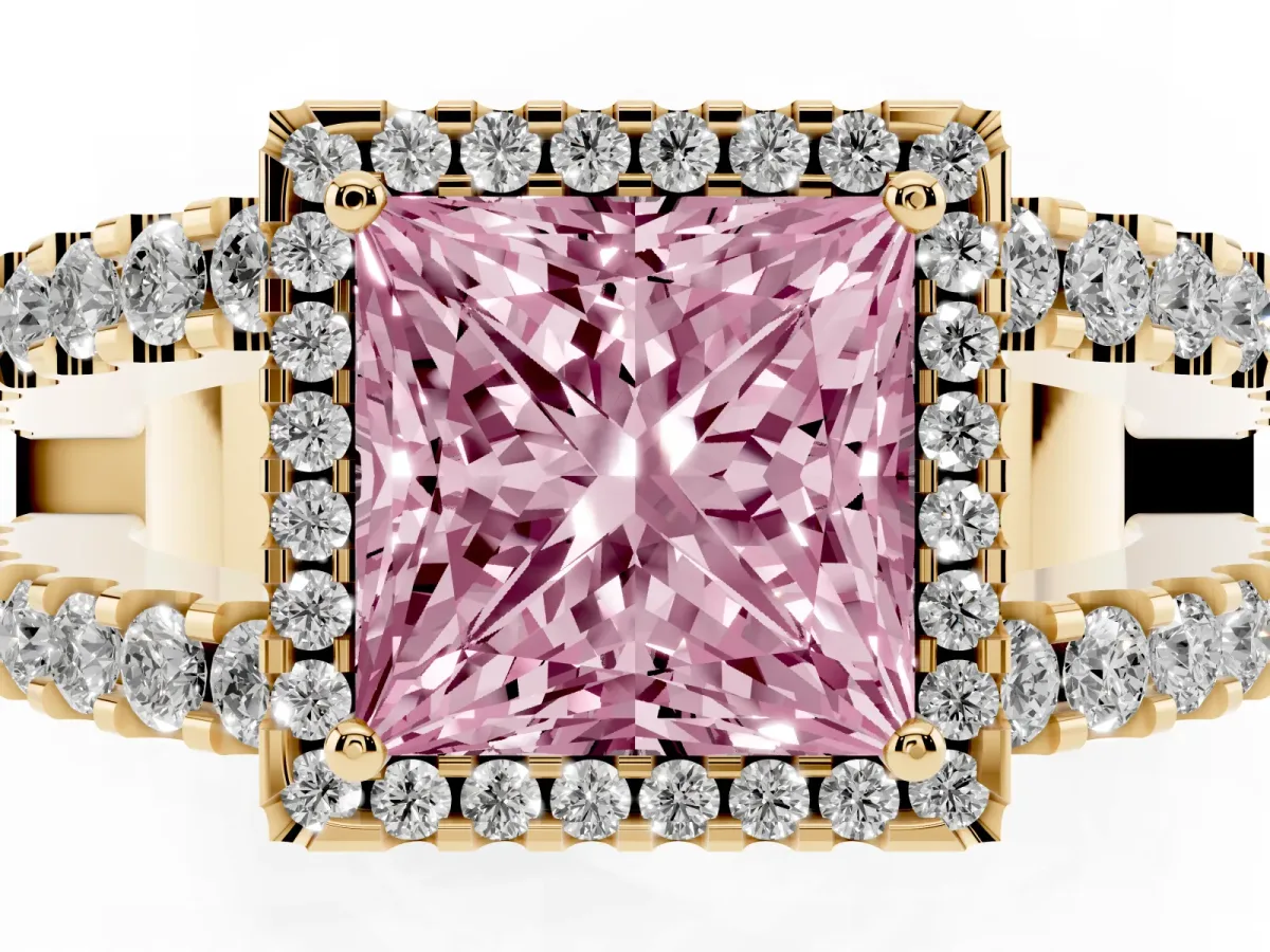 Fancy Pink Princess Cut Cut Halo Split Shank Diamond Ring with Four-Prong Setting Yellow gold