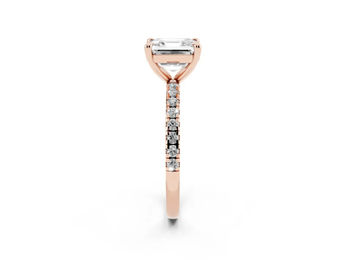 Asscher Cut Diamond Brilliant Solitaire Ring with Pavé Band and Four-Prong Setting Rose gold