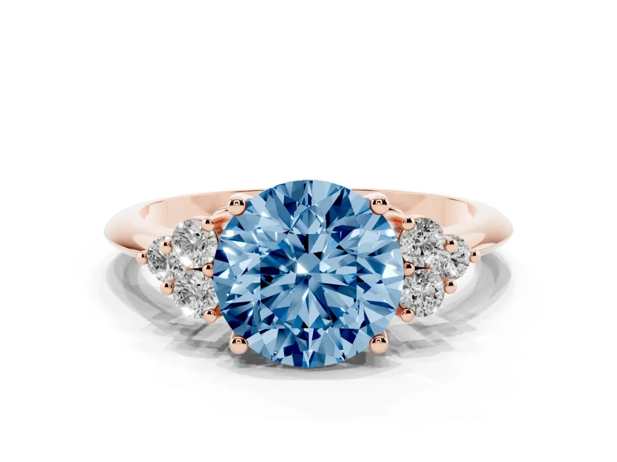 Fancy Blue Round Cut Cut Diamond Cluster Ring with Solitaire Band and Four-Prong Setting Rose gold