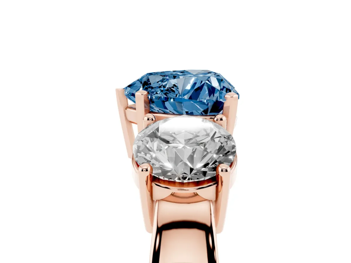 Fancy Blue Three-Stone Heart Cut Diamond Ring with Round Side Stones, Classic Band, and Four-Prong Setting Rose gold