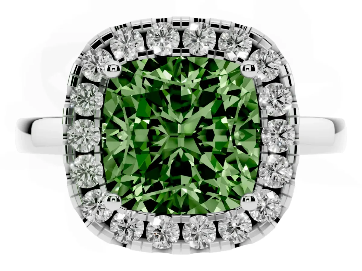 Fancy Green Cushion Cut Halo Diamond Solitaire with Pavé Band and Four-Prong Setting Silver