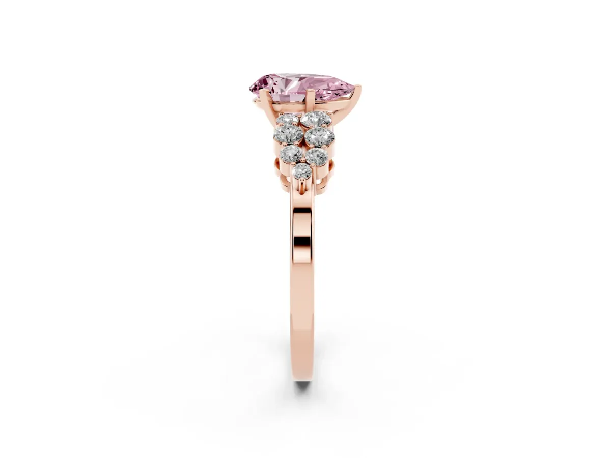 Fancy Pink Pear Cut Cluster Diamond Engagement Ring with Pavé Band and Four-Prong Setting Rose gold
