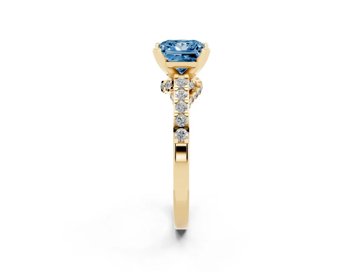 Fancy Blue Princess Cut Diamond Solitaire Ring with Crossover Gallery and Round Pavé Band Yellow gold