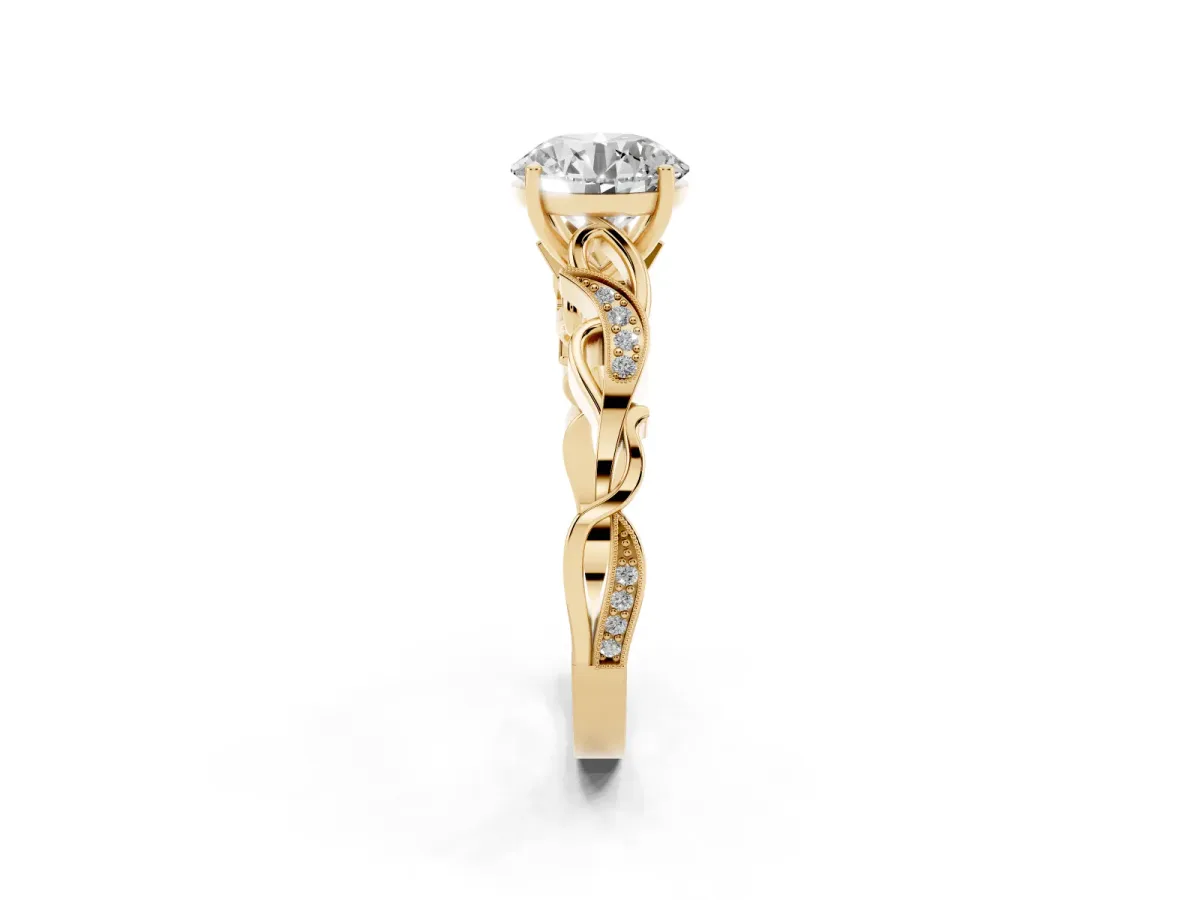 Round Cut Solitaire Vine Band with Milgrain Prong Setting Yellow gold
