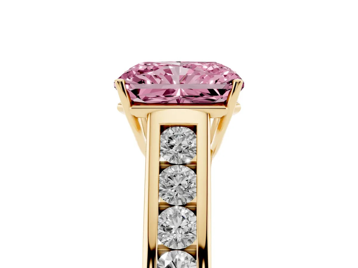 Fancy Pink Radiant Cut Solitaire Channel-Set Diamond Engagement Ring with Four-Prong Setting Yellow gold