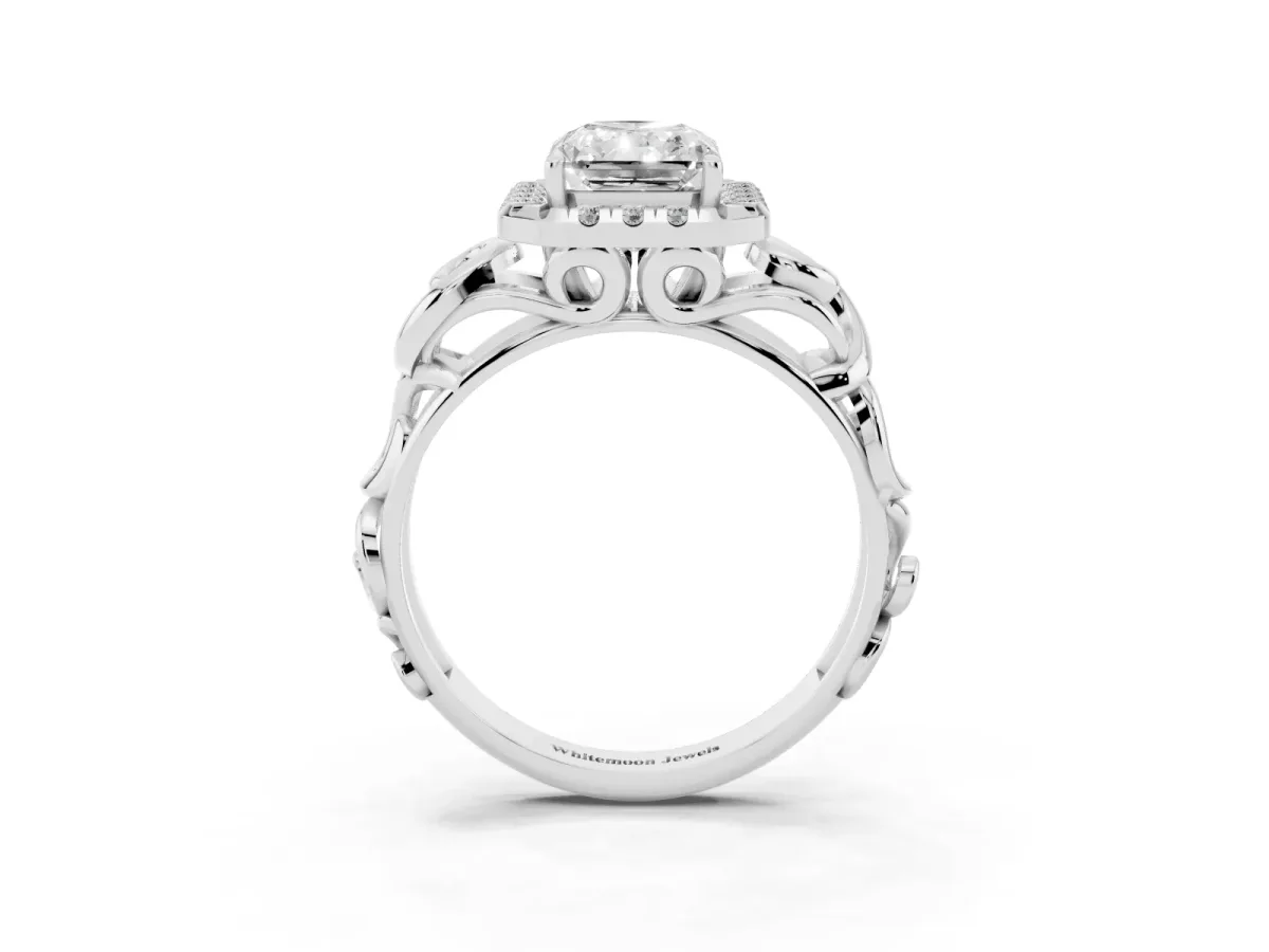 Radiant Cut Cut Halo Diamond Ring with Scrollwork Band and Four-Prong Setting Platinum