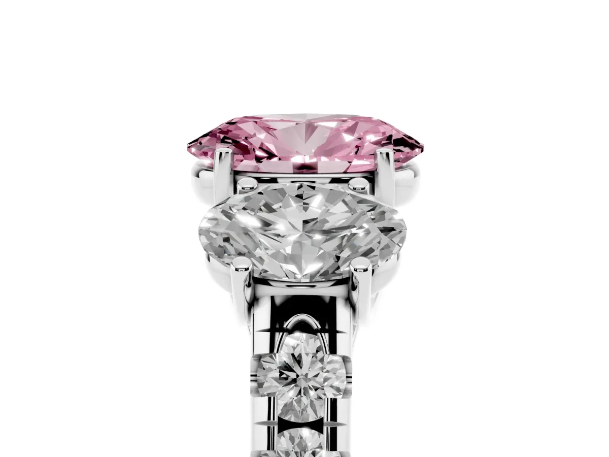 Fancy Pink Three-Stone Oval Cut Diamond Pavé Band with Prong Setting Platinum