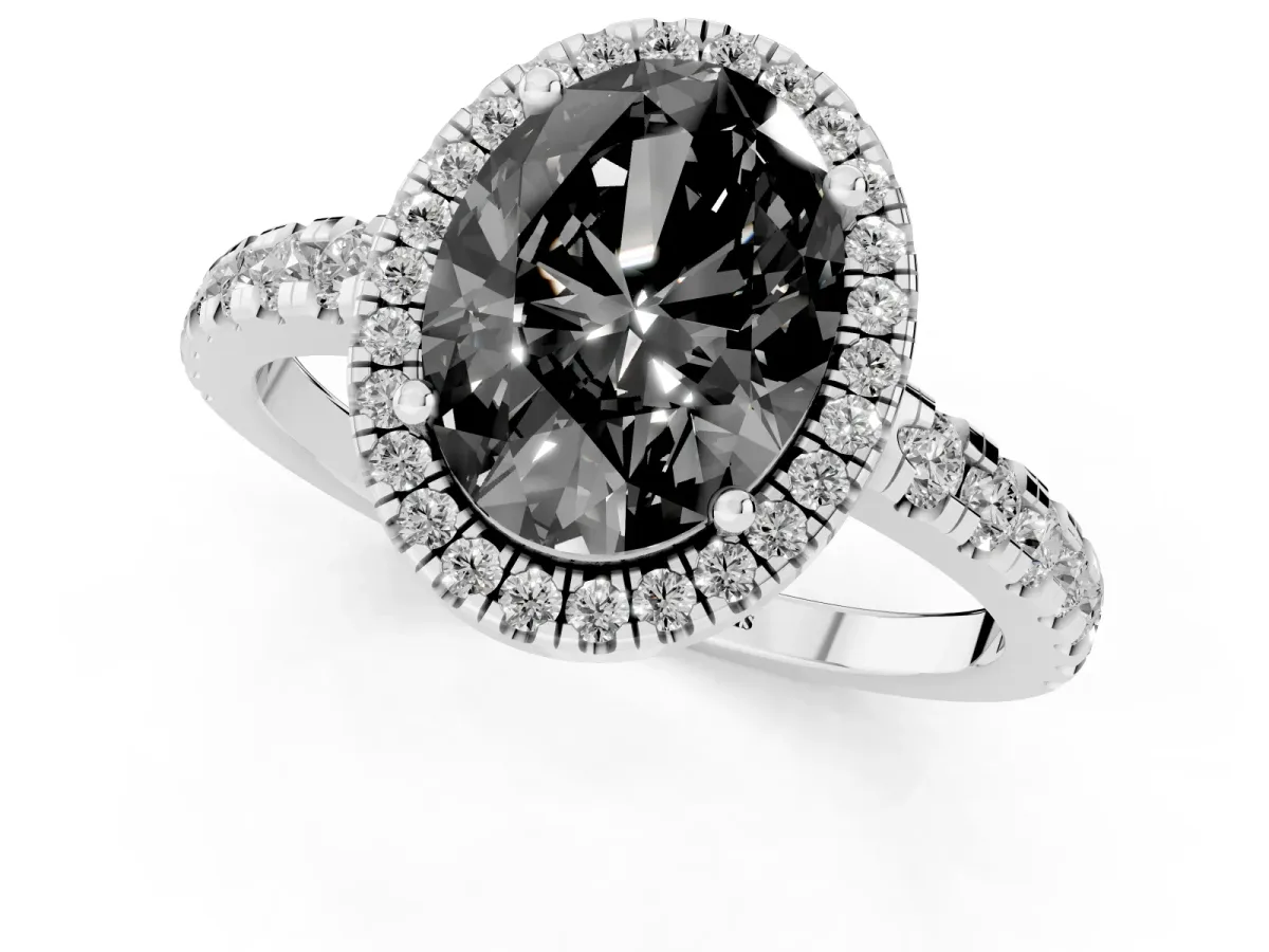 Fancy Black Oval Cut Diamond Halo Ring with Pavé Band and Four-Prong Setting Silver