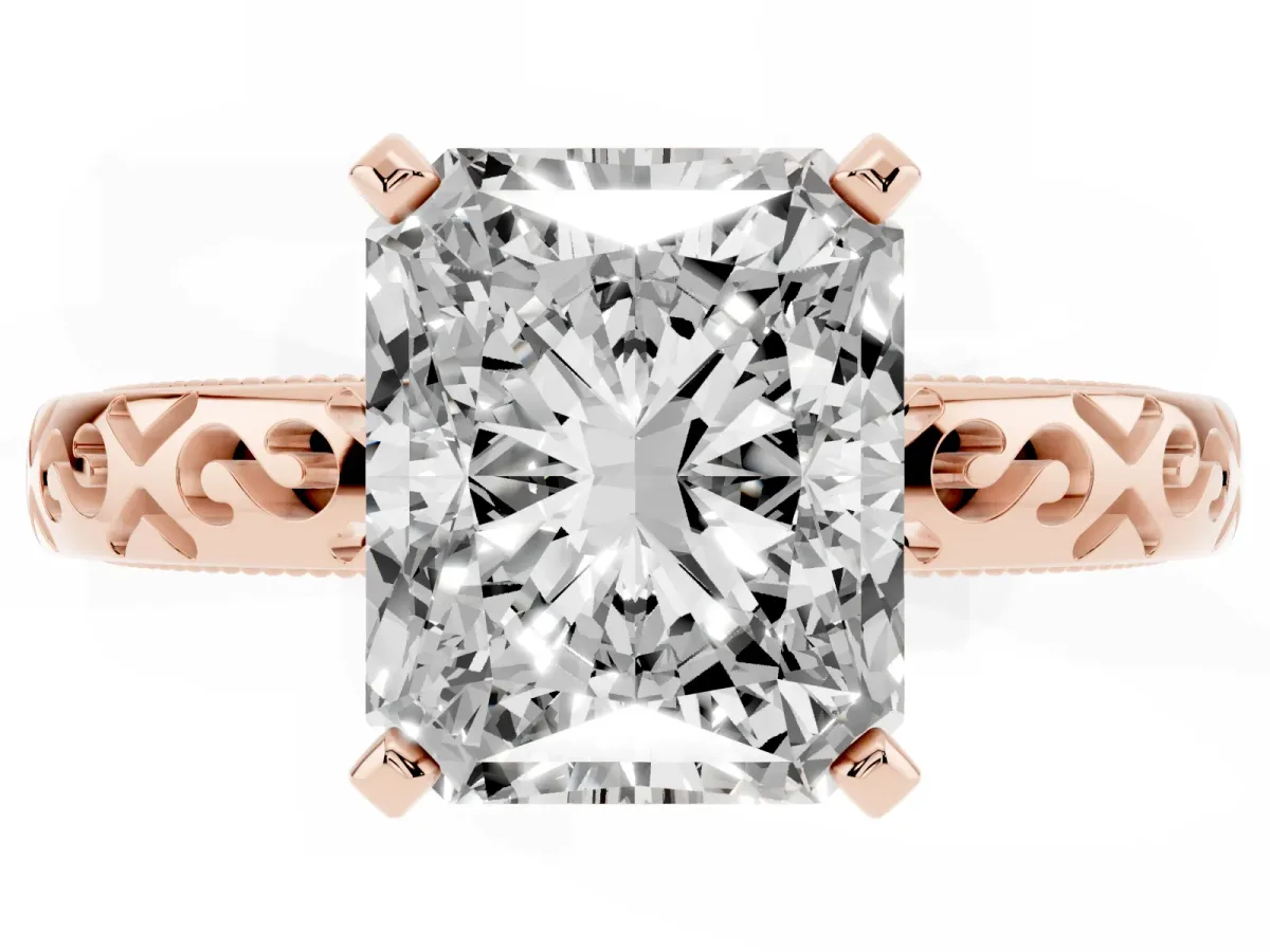 Radiant Cut Solitaire Engagement Ring with Scrollwork Band and Four-Prong Setting Rose gold