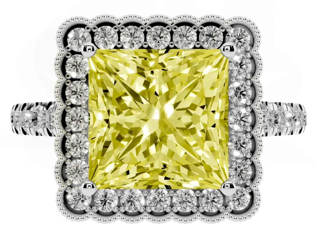 Fancy Yellow Princess Cut Cut Diamond Milgrain Floral Halo Engagement Ring with Pavé Band White gold
