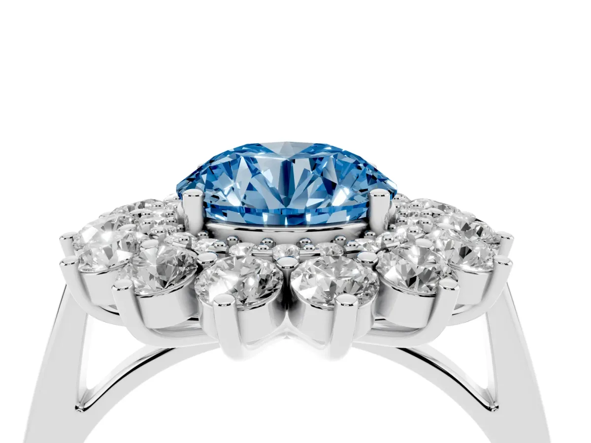 Fancy Blue Round Cut Diamond Floral Double Halo Engagement Ring with Prong Setting Silver