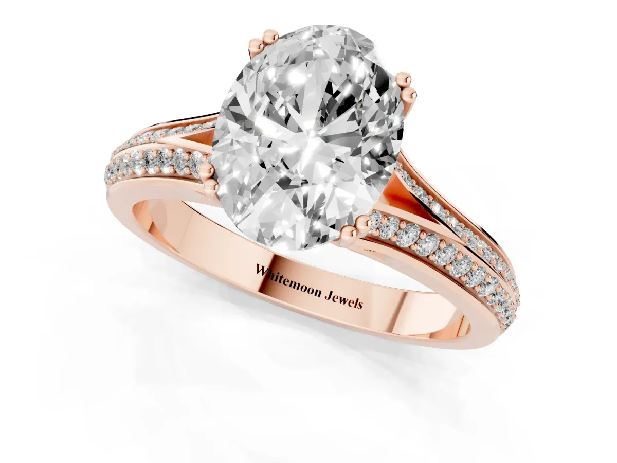Oval Cut Diamond Split Shank Engagement Ring with Pavé Band Rose gold
