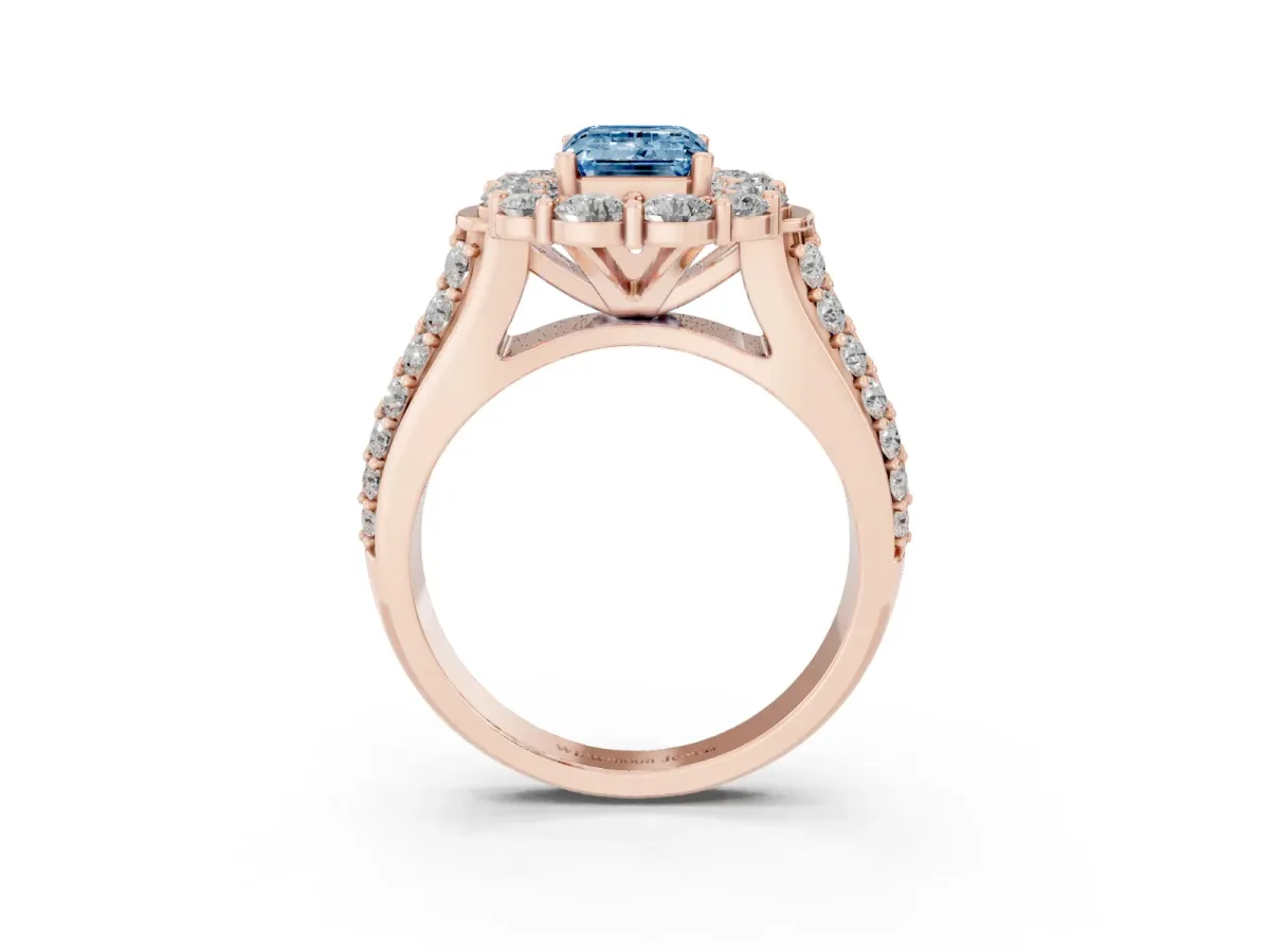 Fancy Blue Emerald Cut Halo Diamond Engagement Ring with Split Shank and Prong Setting Rose gold