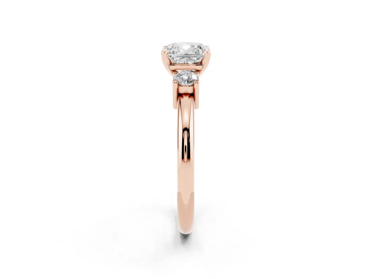 Three-Stone Cushion Cut Cut Diamond Solitaire with Prong Setting and Classic Band Rose gold