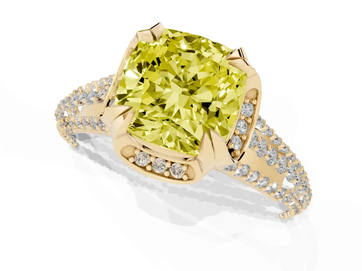 Fancy Yellow Cushion Cut Solitaire Pave Split Shank Ring with Four-Prong Setting Yellow gold