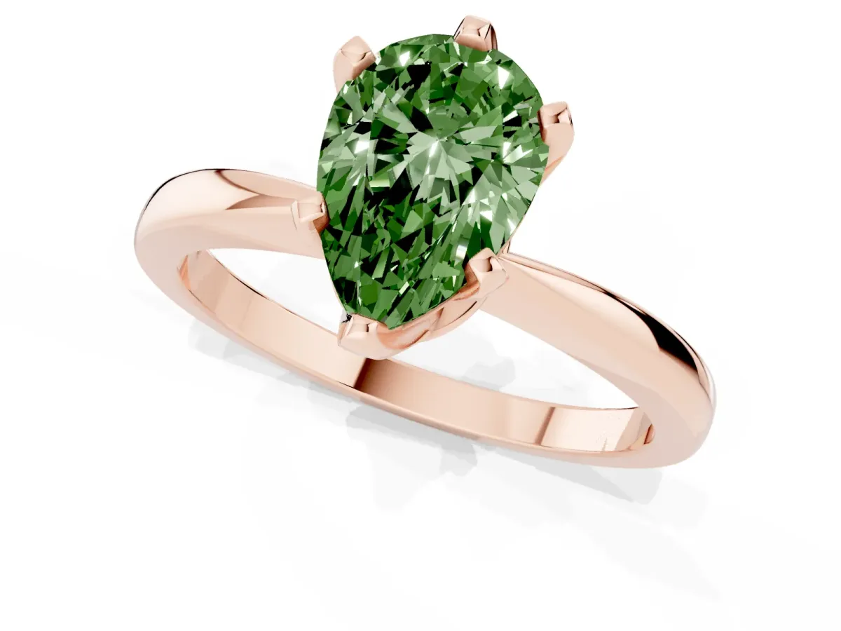 Fancy Green Pear Cut Solitaire Engagement Ring with Six-Prong Setting and Tapered Band Rose gold