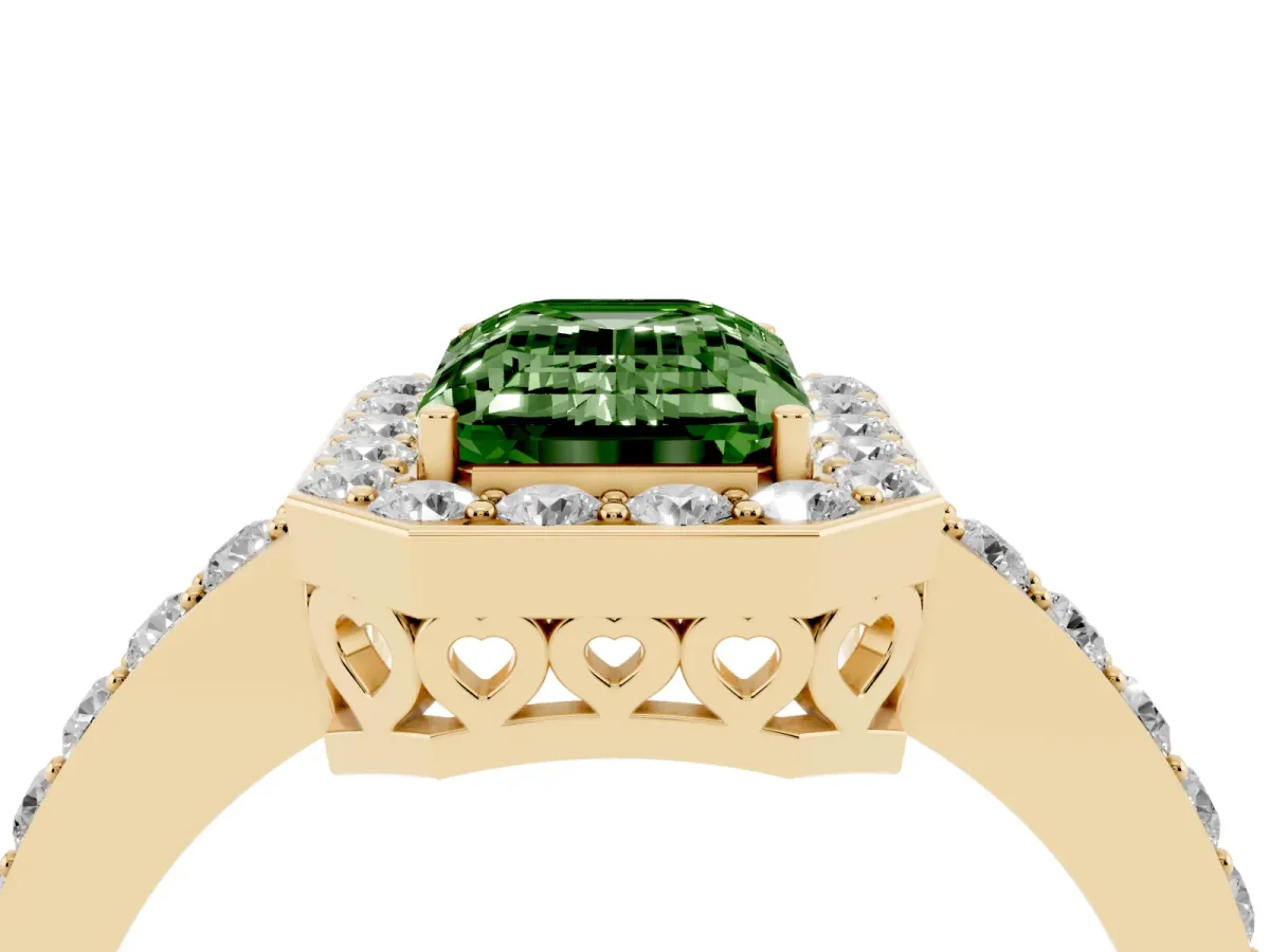 Fancy Green Emerald Cut Halo Diamond Pavé Band Ring with Prong Setting Yellow gold