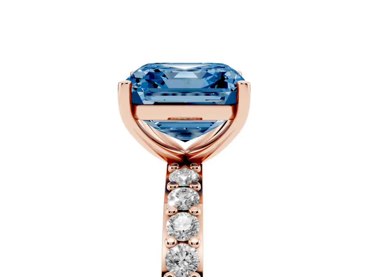 Fancy Blue Asscher Cut Cut Diamond Solitaire with Pave Band and Four-Prong Setting Rose gold