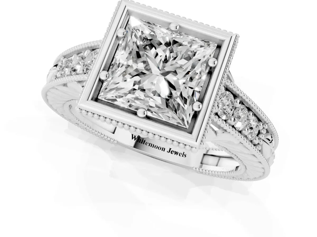 Bezel Set Princess Cut Diamond Milgrain Pave Engagement Ring Silver