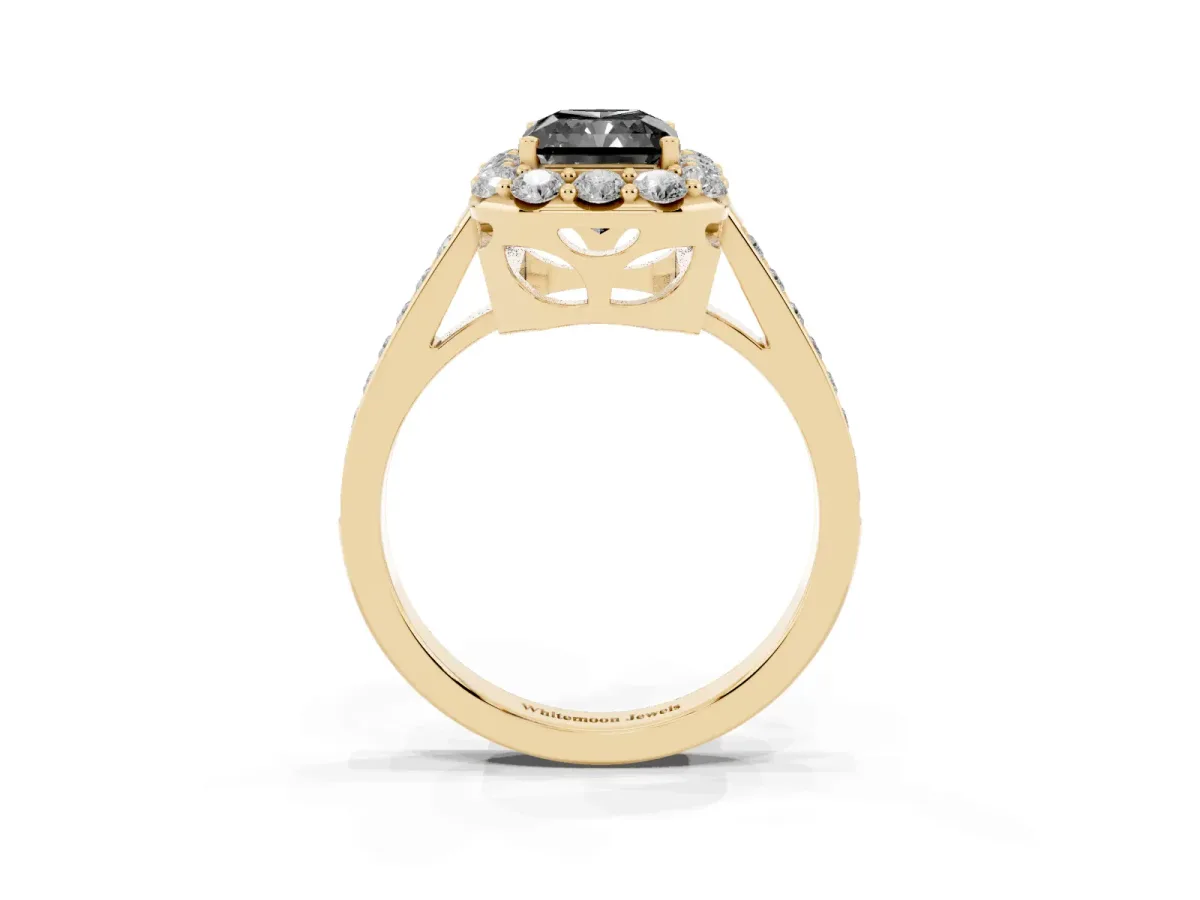 Fancy Black Radiant Cut Diamond Floral Halo Ring with Pavé Band and Prong Setting Yellow gold