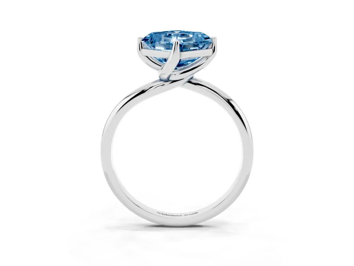 Fancy Blue Asscher Cut Diamond Solitaire Engagement Ring with Four-Prong Setting and Classic Band White gold