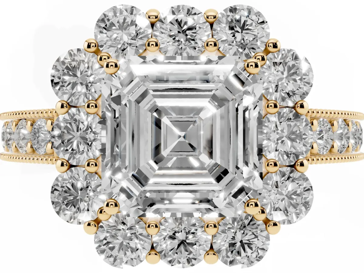 Asscher Cut Cut Halo Diamond Pavé Engagement Ring with Milgrain Detailing Yellow gold