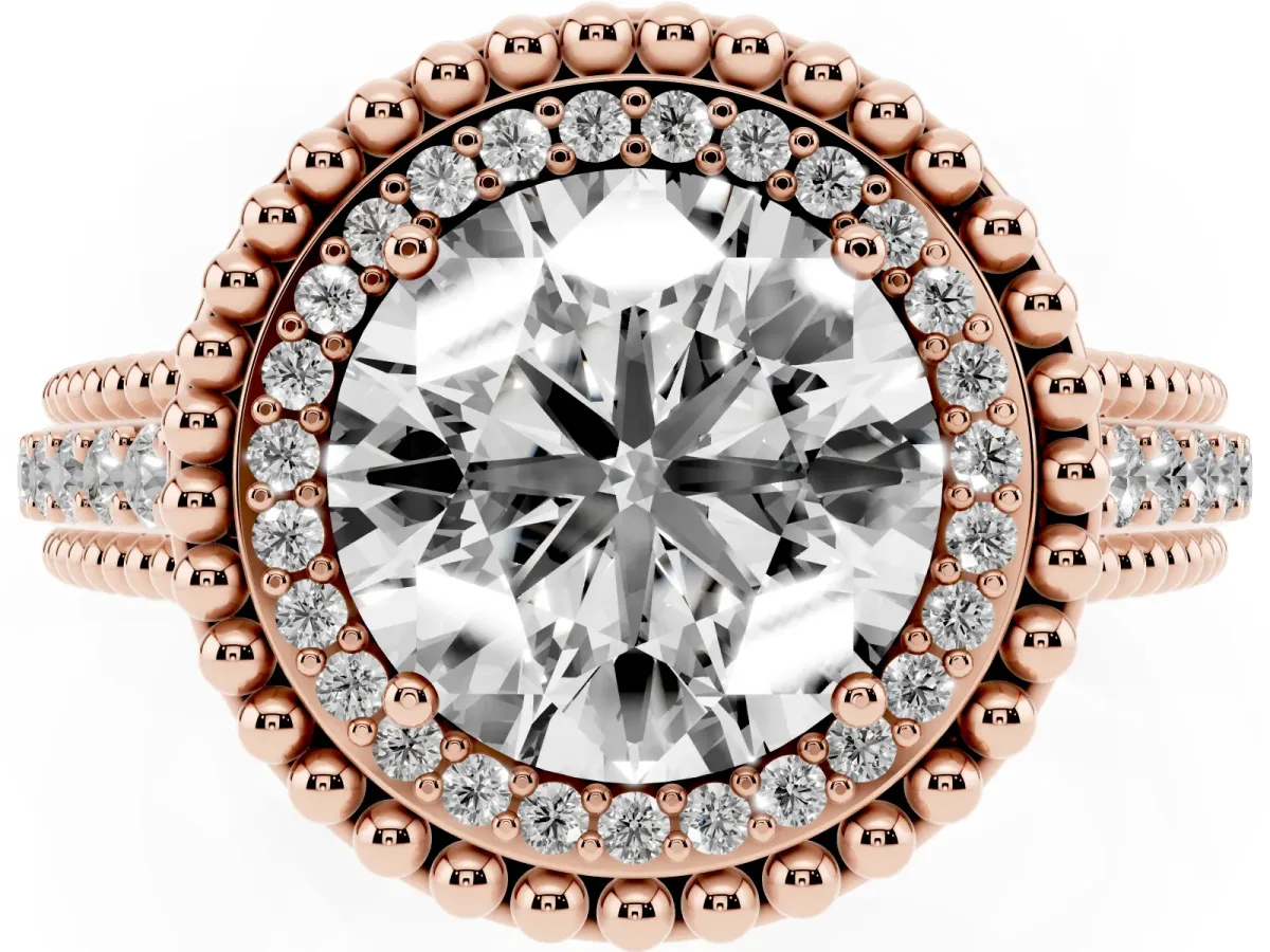 Round Cut Halo Diamond Ring with Beaded Split Shank and Four-Prong Setting Rose gold