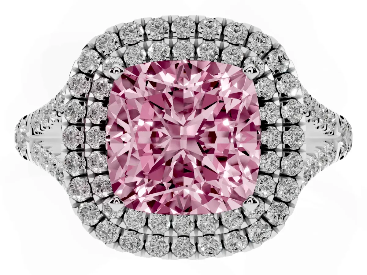 Fancy Pink Cushion Cut Diamond Pavé Split Shank Double Halo Engagement Ring Silver