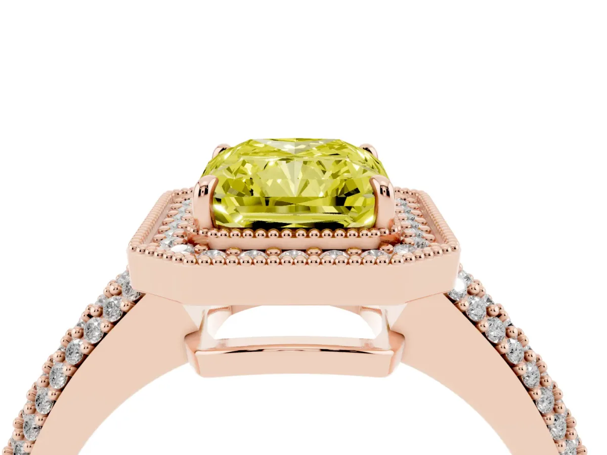 Fancy Yellow Radiant Cut Cut Halo Diamond Pave Band with Four-Prong Setting Rose gold