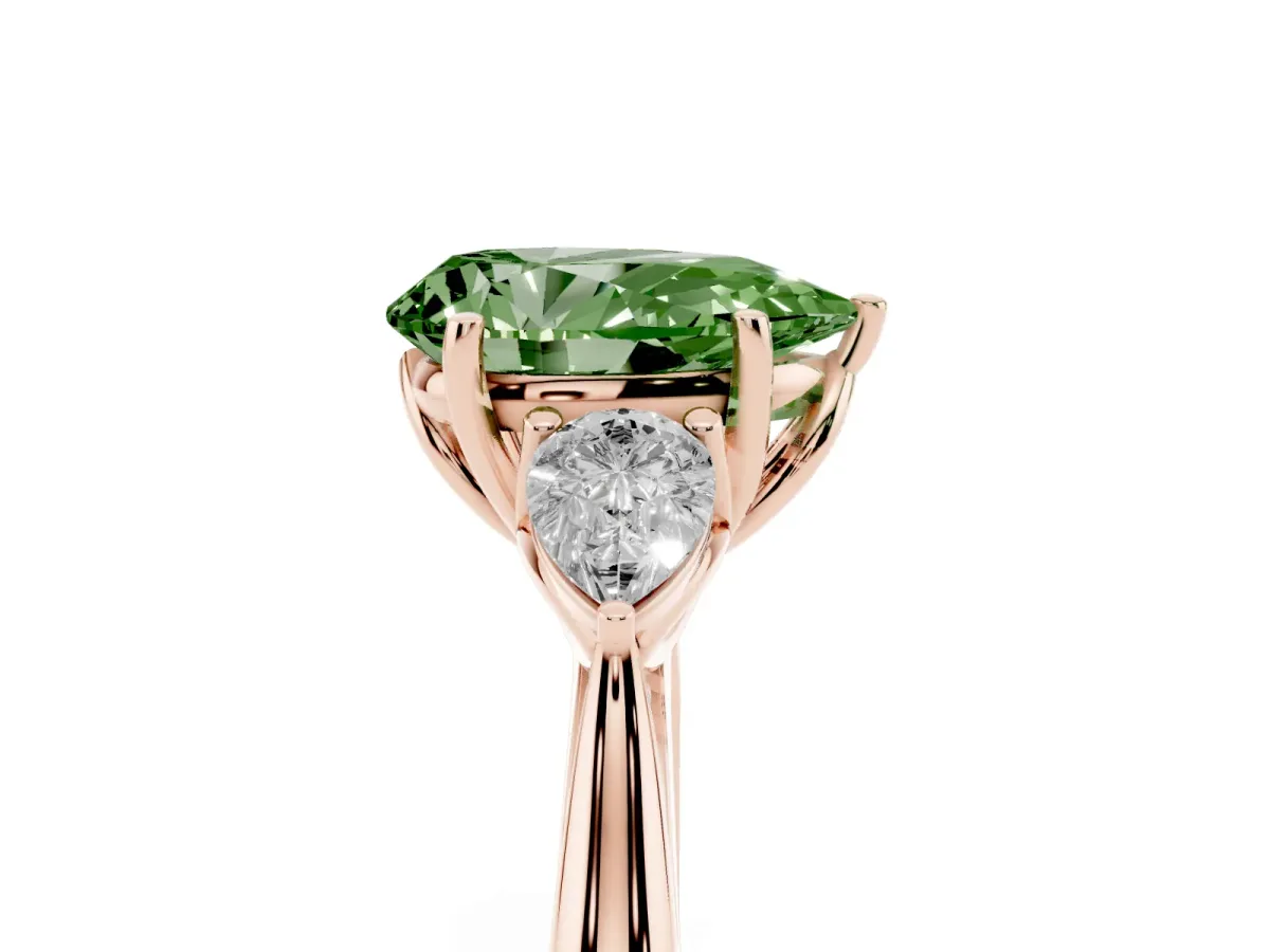 Fancy Green Three-Stone Pear Cut Brilliant Diamond Solitaire Ring with Tapered Band and Four-Prong Setting Rose gold
