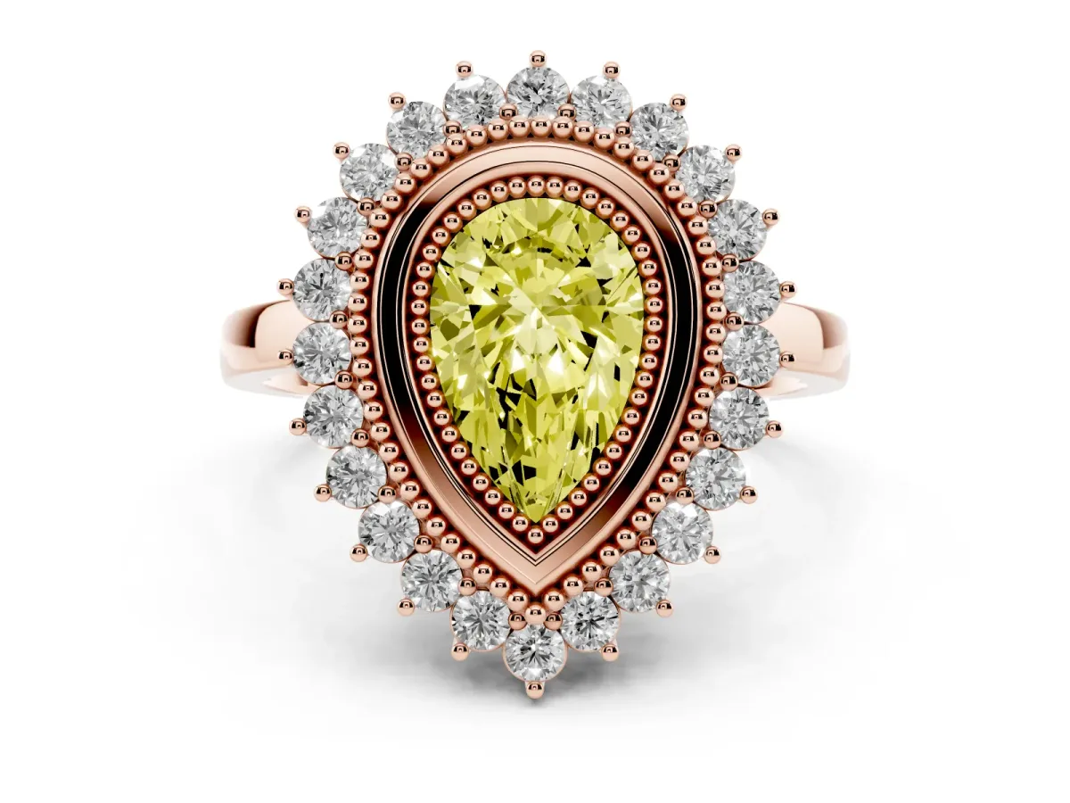 Fancy Yellow Pear Cut Halo Diamond Ring with Milgrain Edge and Round Prong Setting Rose gold