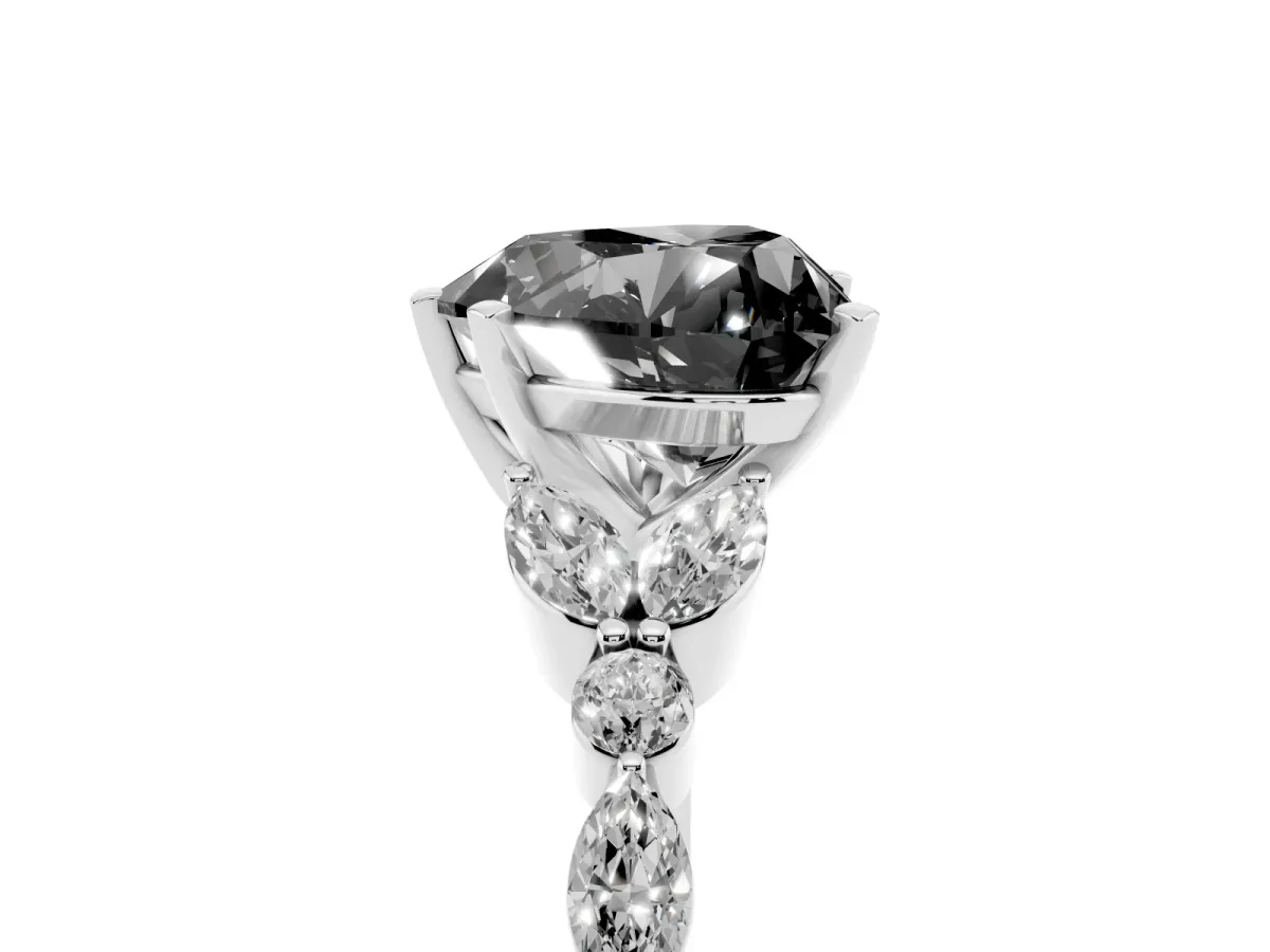 Fancy Black Heart Cut Diamond Solitaire Ring with Side Stones and Four-Prong Setting Silver