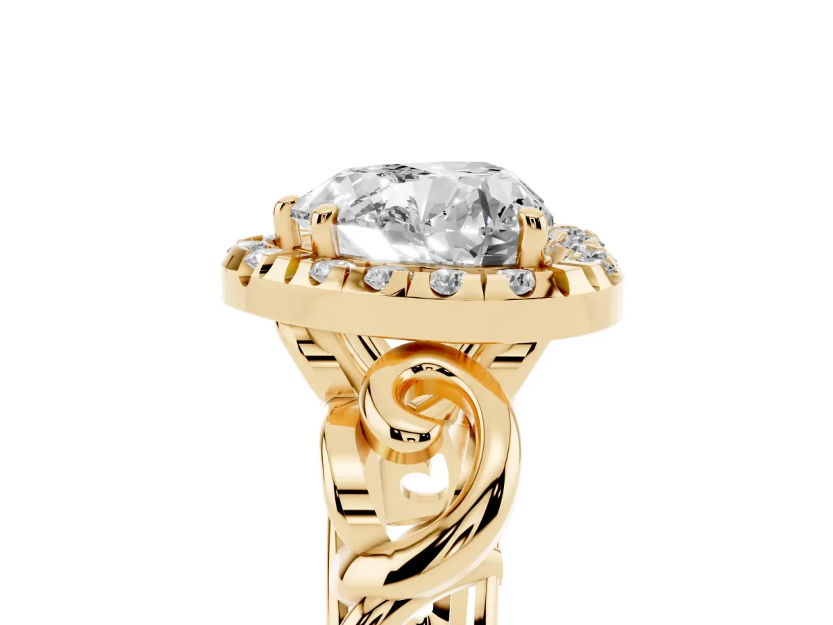 Heart Cut Cut Halo Diamond Ring with Scrollwork Band and Four-Prong Setting Yellow gold