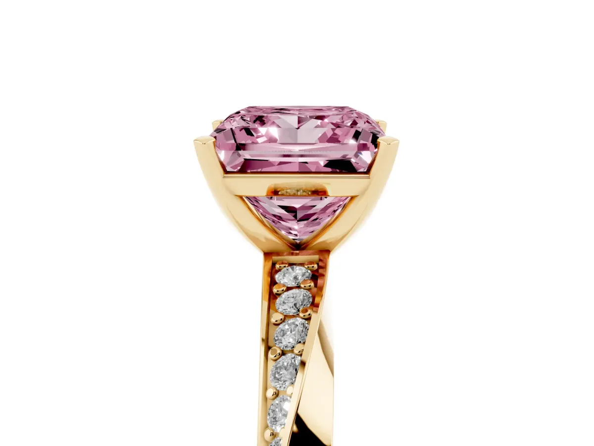 Fancy Pink Princess Cut Diamond Engagement Ring with Side Stone Accents and Four-Prong Setting Yellow gold