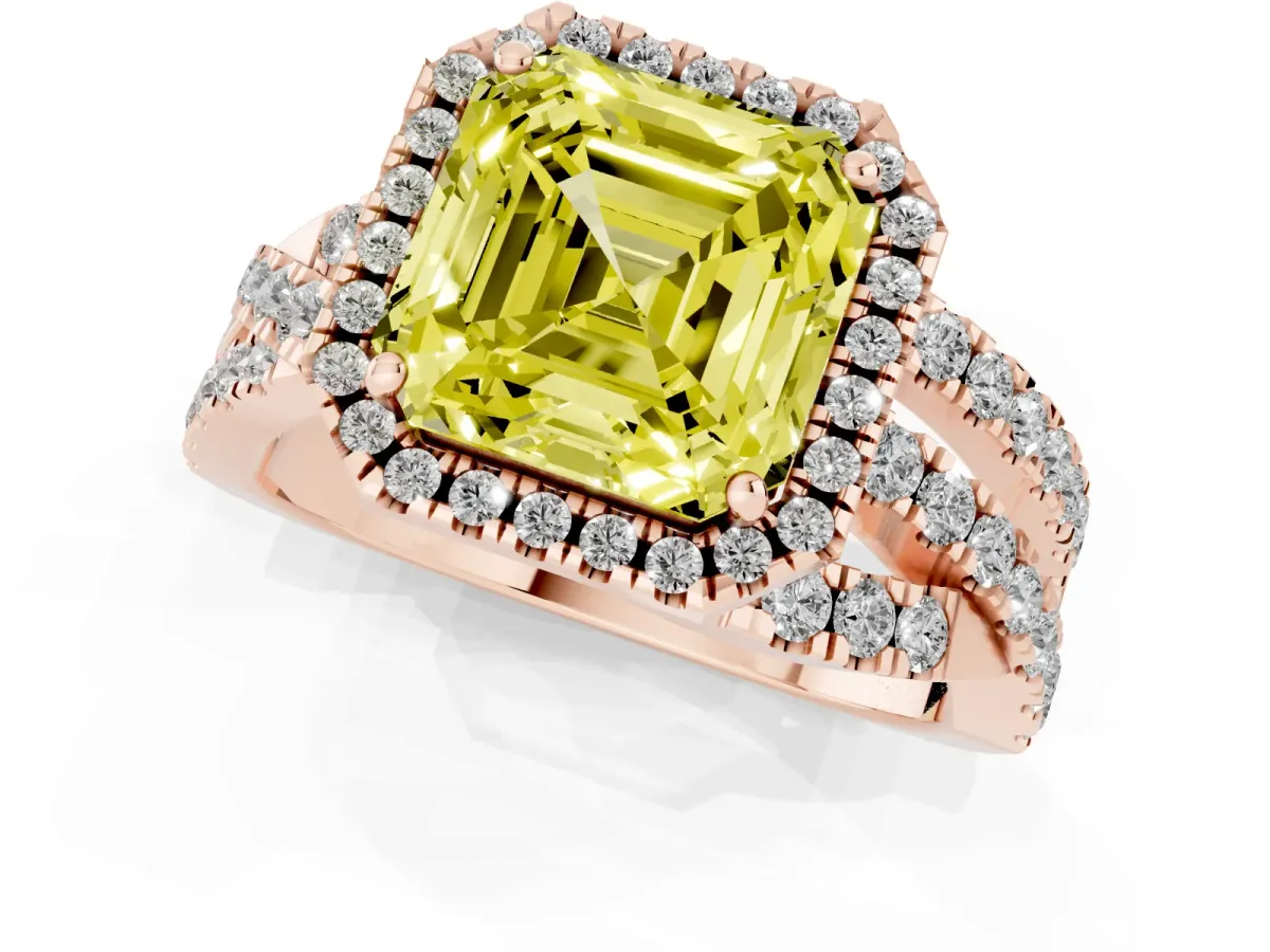 Fancy Yellow Asscher Cut Diamond Halo Ring with Round Split Shank and Prong Setting Rose gold