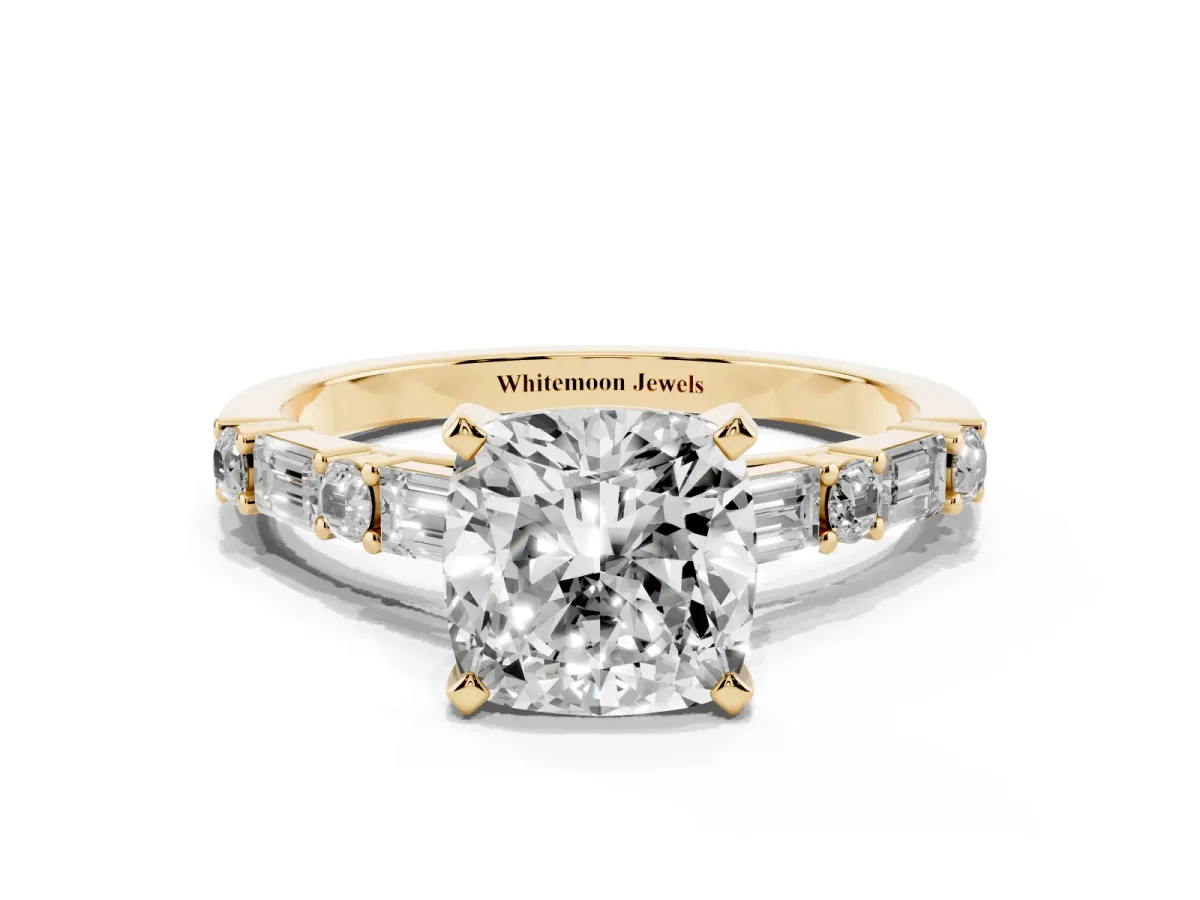 Cushion Cut Diamond Solitaire with Side Baguettes and Channel Set Band Yellow gold