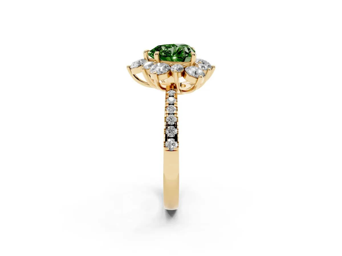 Fancy Green Heart Cut Diamond Floral Halo Ring with Round Pavé Band and Prong Setting Yellow gold