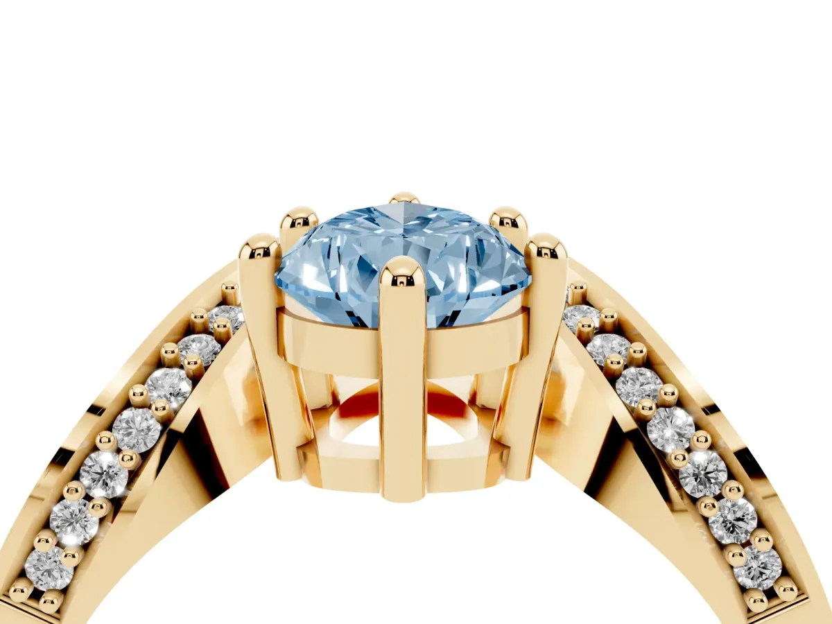 Fancy Blue Pear Cut Solitaire Diamond Engagement Ring with Pave Band and Four-Prong Setting Yellow gold