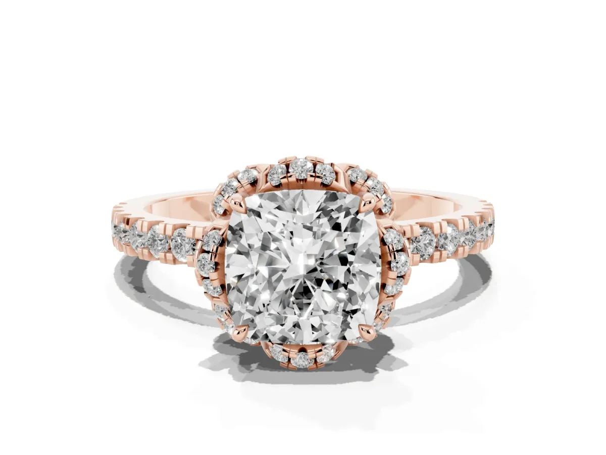 Cushion Cut Halo Diamond Pave Band Ring with Four-Prong Setting Rose gold