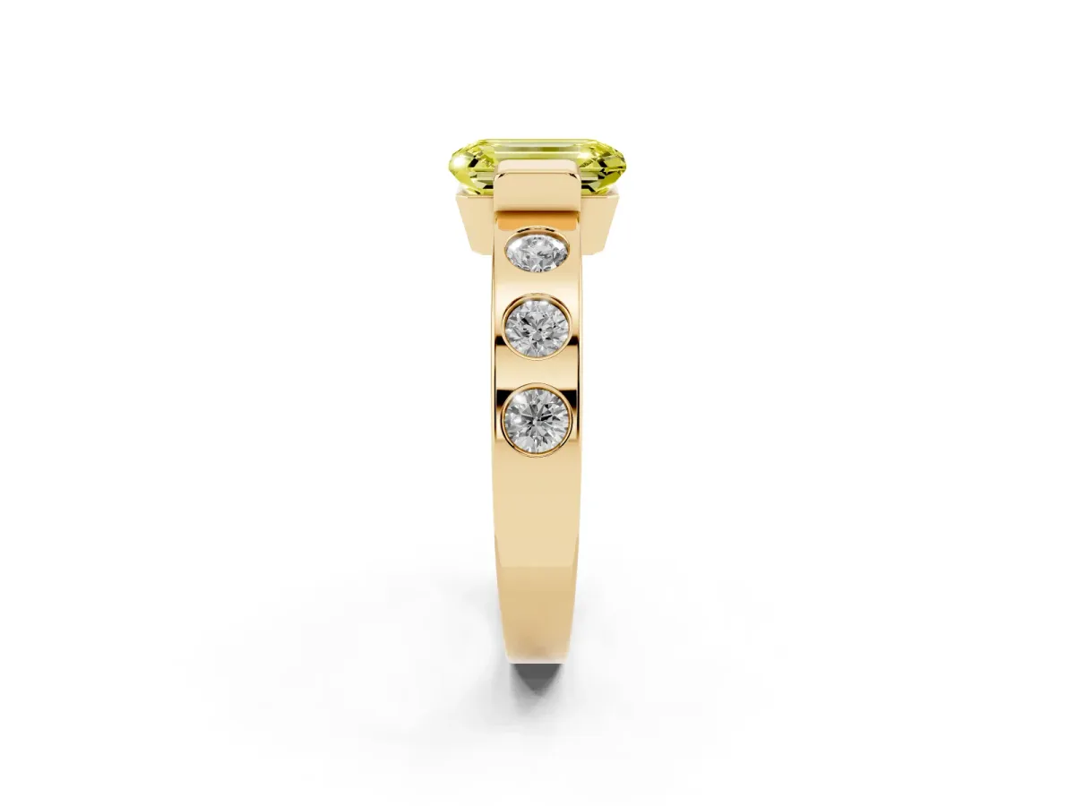 Fancy Yellow Emerald Cut Brilliant Channel-Set Diamond Ring with Bezel Prong Setting Yellow gold