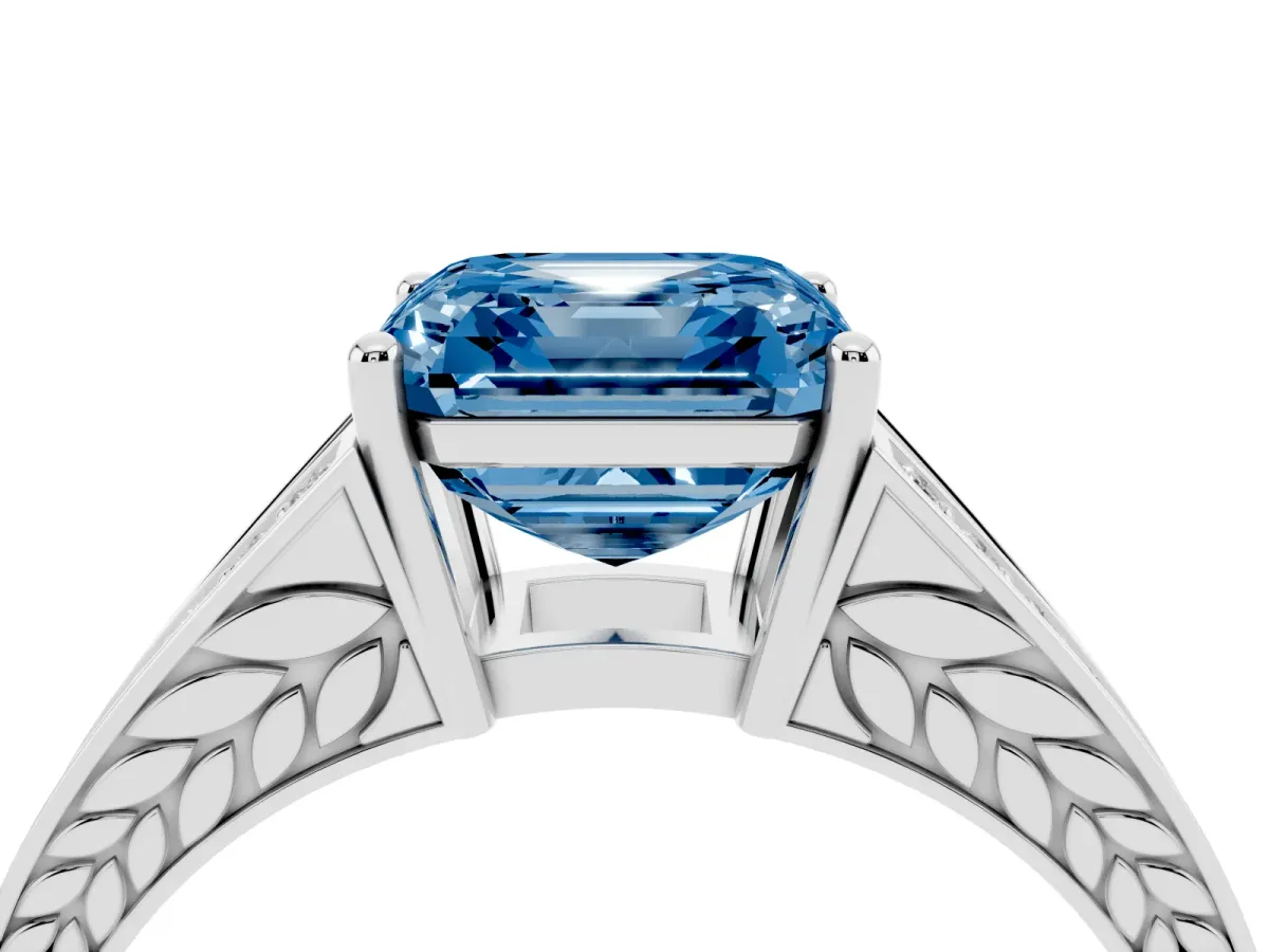 Fancy Blue Asscher Cut Diamond Split Shank Ring with Pavé Band and Four-Prong Setting White gold