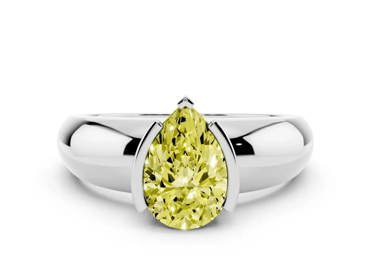 Fancy Yellow Pear Cut Solitaire Tension Set Diamond Ring with Wide Band Platinum