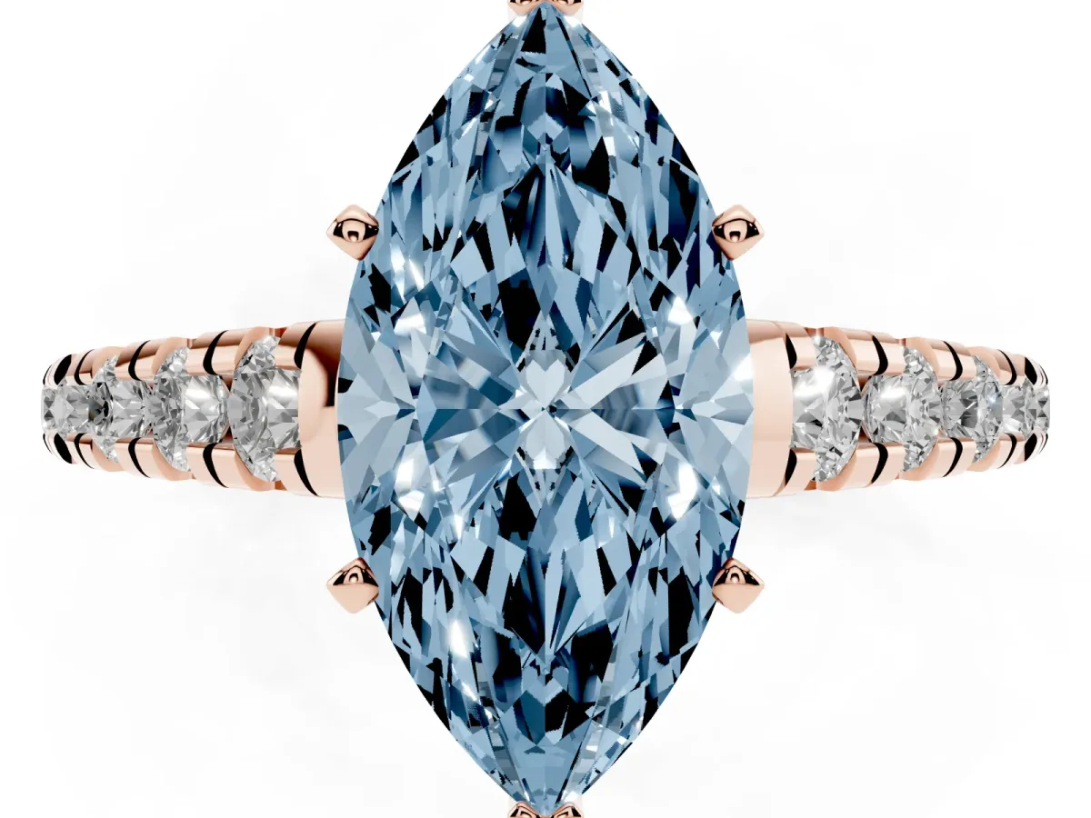 Fancy Blue Marquise Cut Diamond Cathedral Solitaire Ring with Round Pavé Band Rose gold