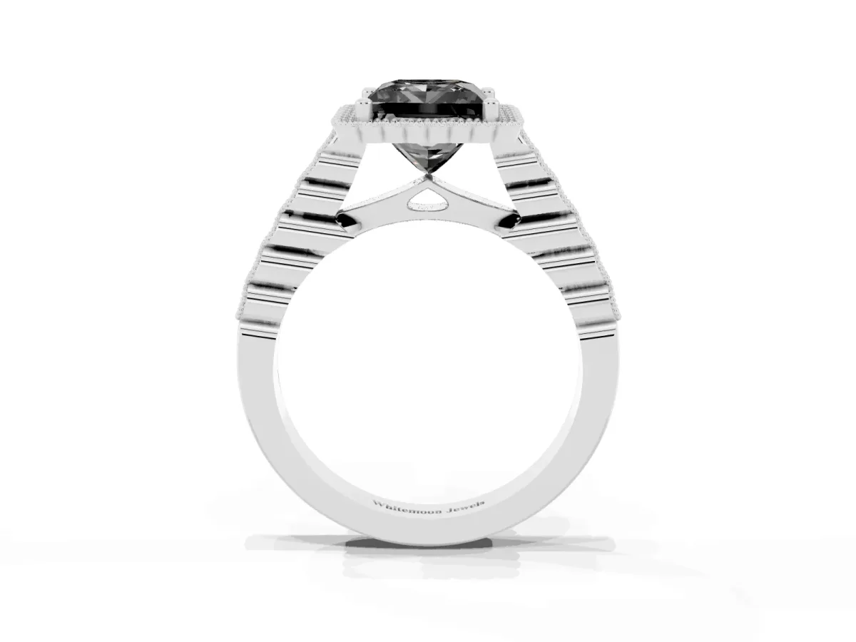 Fancy Black Princess Cut Cut Halo Pavé Solitaire Ring with Milgrain Band Silver
